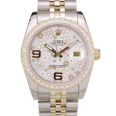 MiroTime 0718 Rolex DateJust Brushed Stainless Steel Case Silver Flowers Dial Diamonds Plated